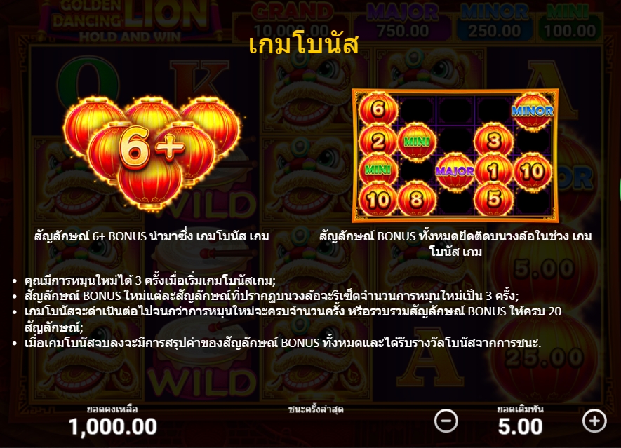 คุณสมบัติของเกมสล็อต Golden Dancing Lion Hold and Win