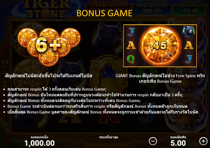 คุณสมบัติของเกมสล็อต Tiger Stone Hold and Win