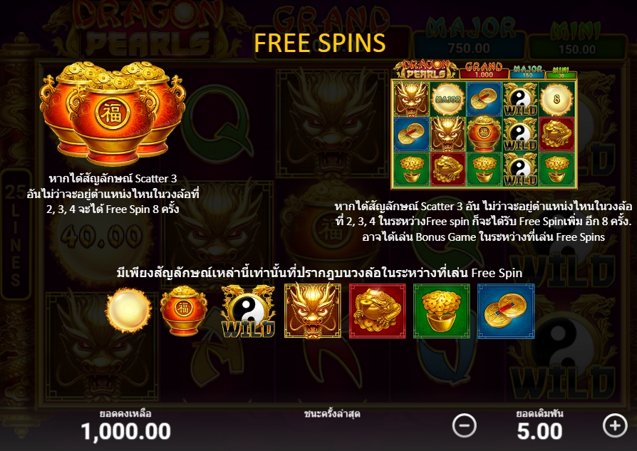 คุณสมบัติของเกมสล็อต Dragon Pearls Hold and Win
