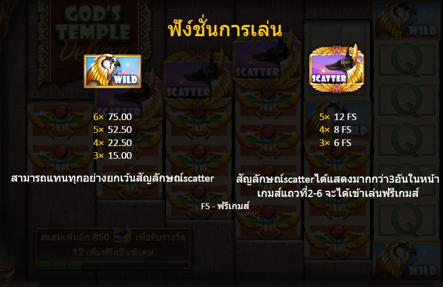 คุณสมบัติของเกมสล็อต God's Temple Deluxe