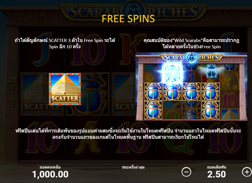 คุณสมบัติของเกมสล็อต Scarab Temple