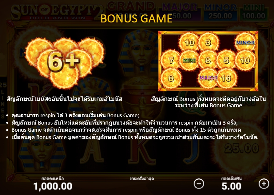 คุณสมบัติของเกมสล็อต Sun Of Egypt 2 Hold and Win