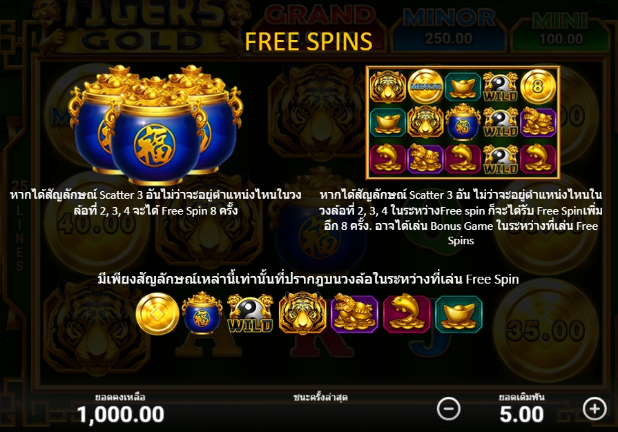 คุณสมบัติของเกมสล็อต Tiger's Gold Hold and Win