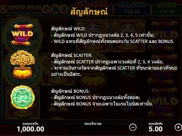 คุณสมบัติของเกมสล็อต Super Rich God Hold and Win คุณสมบัติของเกมสล็อต Super Rich God Hold and Win